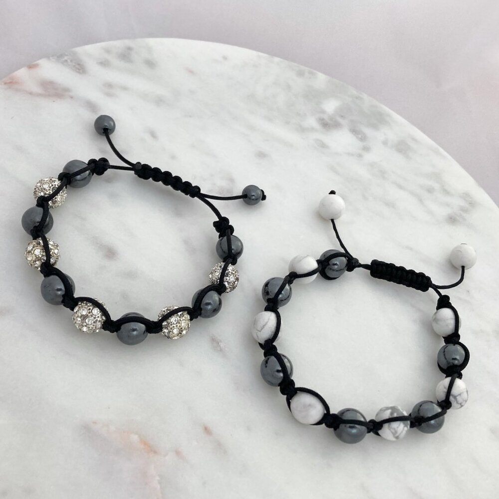 Semi-precious Stone and Cord Balletcore Bracelets - Black, Grey & White
